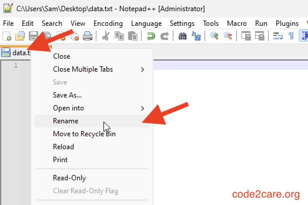 Rename file in Notepad++ using tab options
